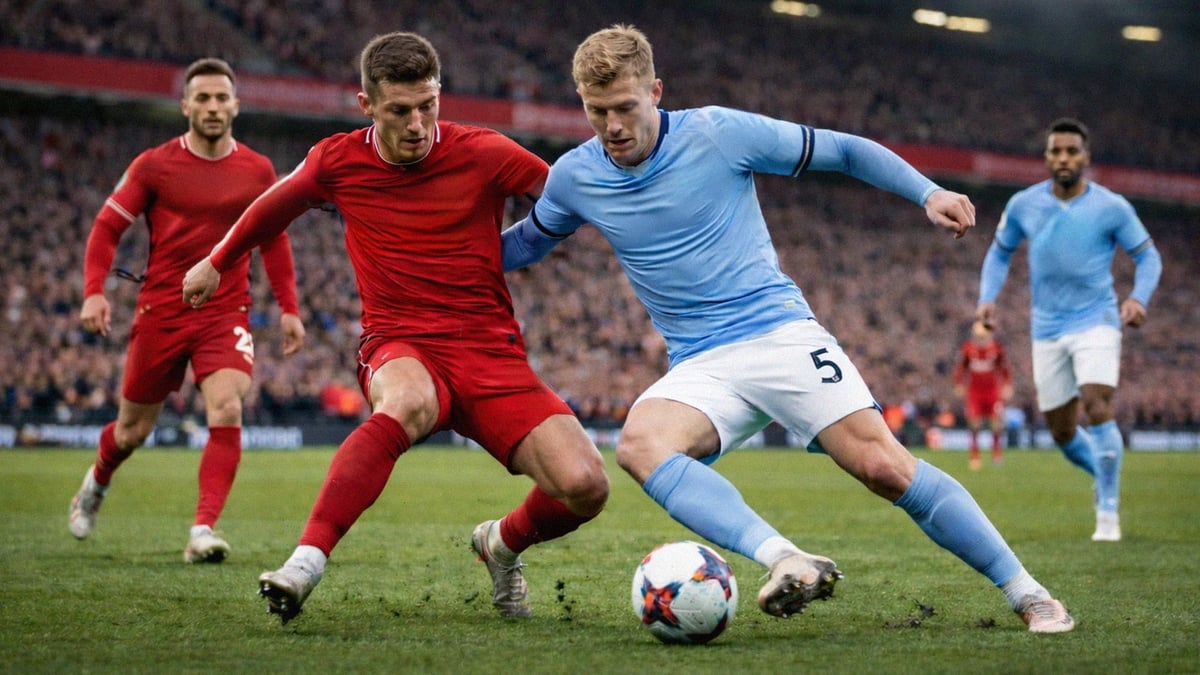 Intensiv kamp om bollen i ett toppmöte i fotboll.