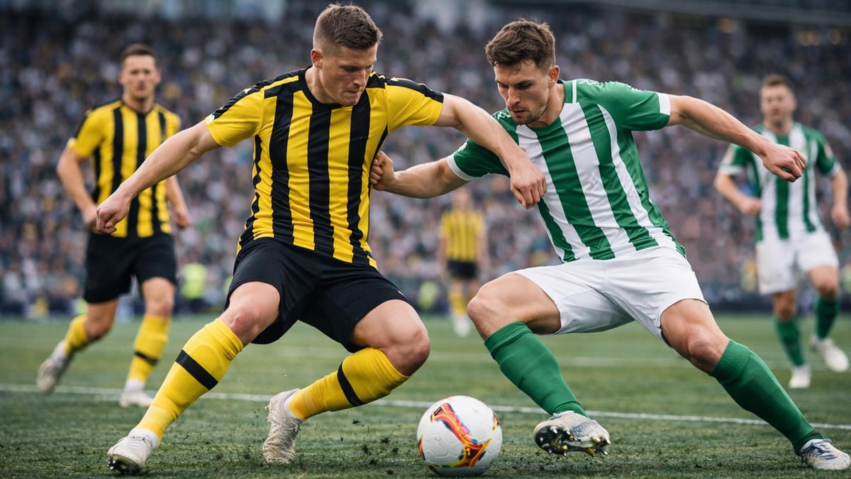 Två fotbollsspelare kämpar om bollen i ett toppmöte.