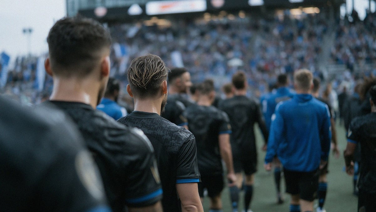 Ett fotbollslag går ut på planen.