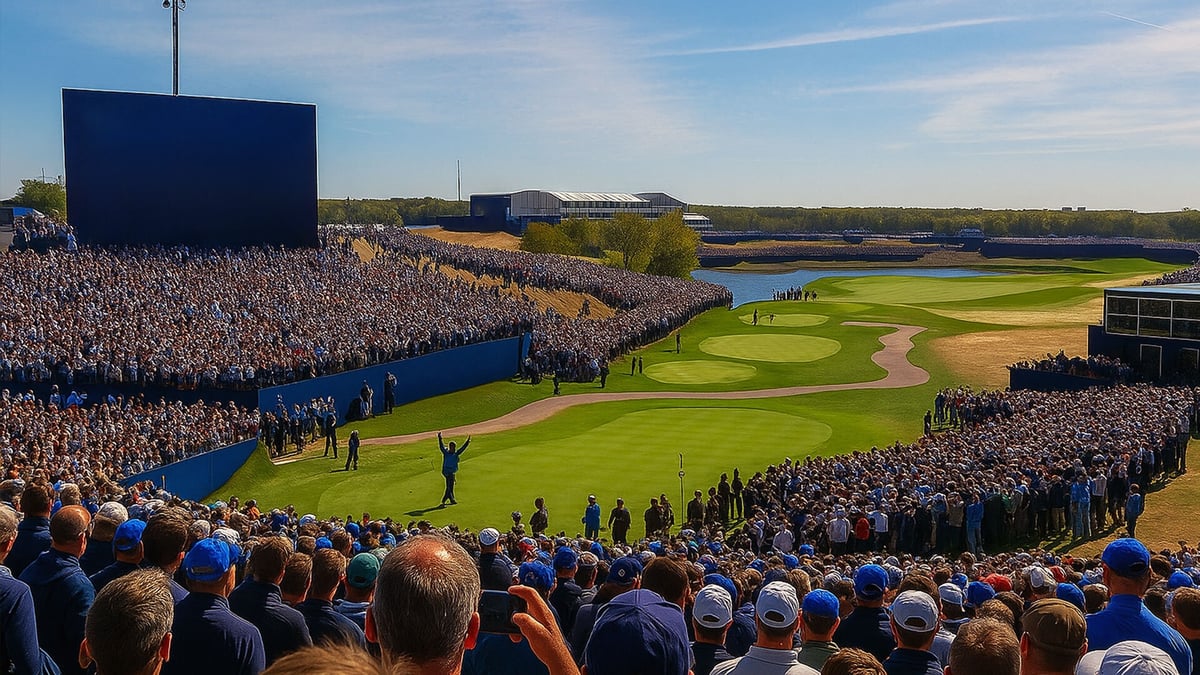 Publiken och spelarna gör sig redo att slå ut på första tee i Ryder Cup.