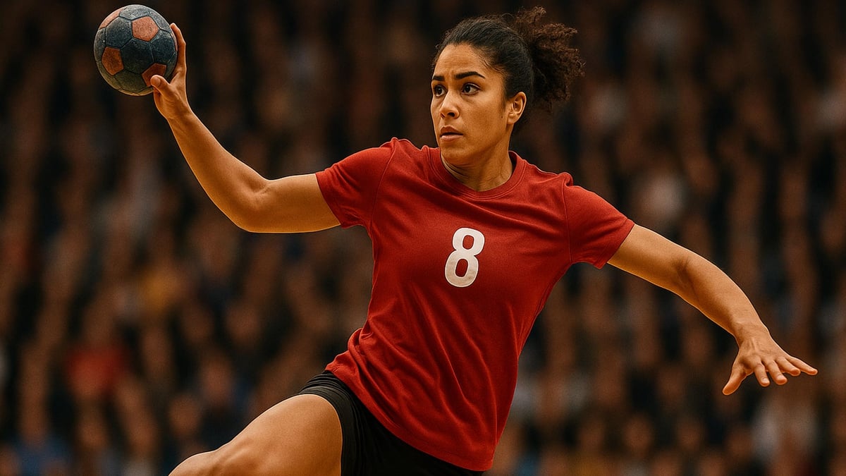 En kvinnlig handbollsspelare hoppar upp i luften för att kasta iväg en boll.