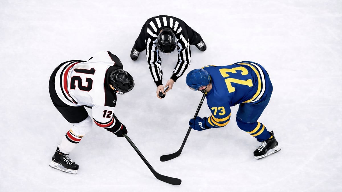 En stillbild från en stor hockeymatch.