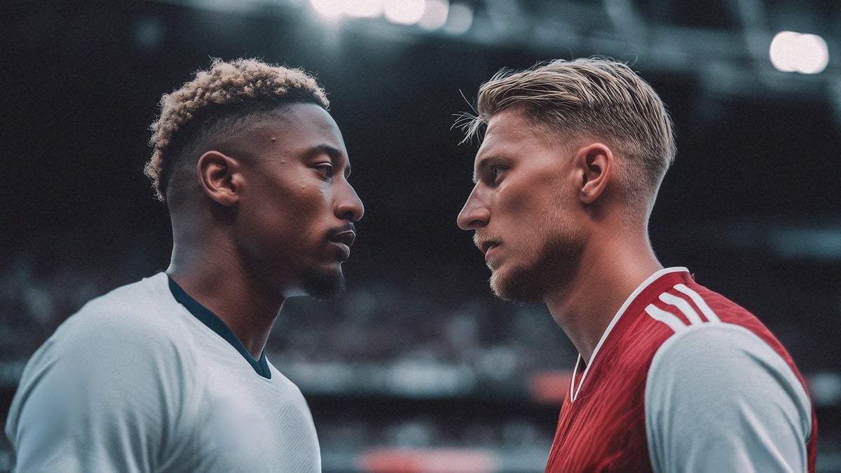 Två fotbollsspelare kollar dramatiskt på varandra inför en fotbollsmatch.